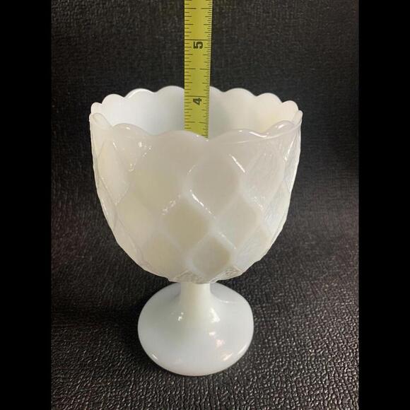 Vintage White Milk Glass Goblet Compote Pedestal Quilted Large 6.5" Tall - Picture 10 of 12